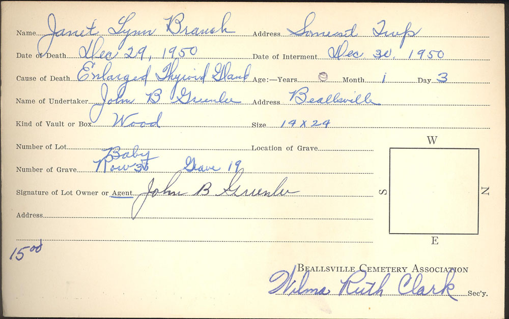 Janet Lynn Branch burial card